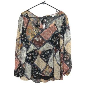 American Eagle Floral Patchwork Blouse L Sheer Boho Romantic Festival Chic